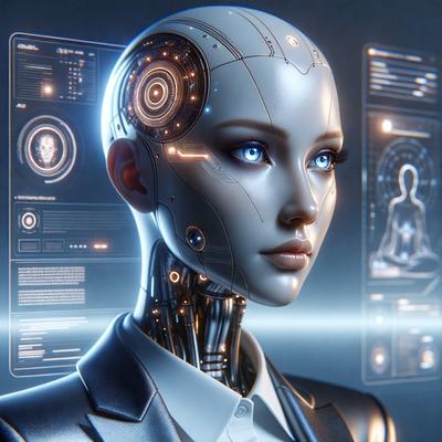 The primary subject of the image is a futuristic robotic woman with a blue face and a white suit. She is wearing a tie and appears to be a cyborg. The setting is a futuristic environment, possibly a digital art or illustration. The visual style is a combination of photo and digital art, creating a unique and intriguing image. The colors and mood are predominantly blue and futuristic, giving the image a sense of technology and innovation.